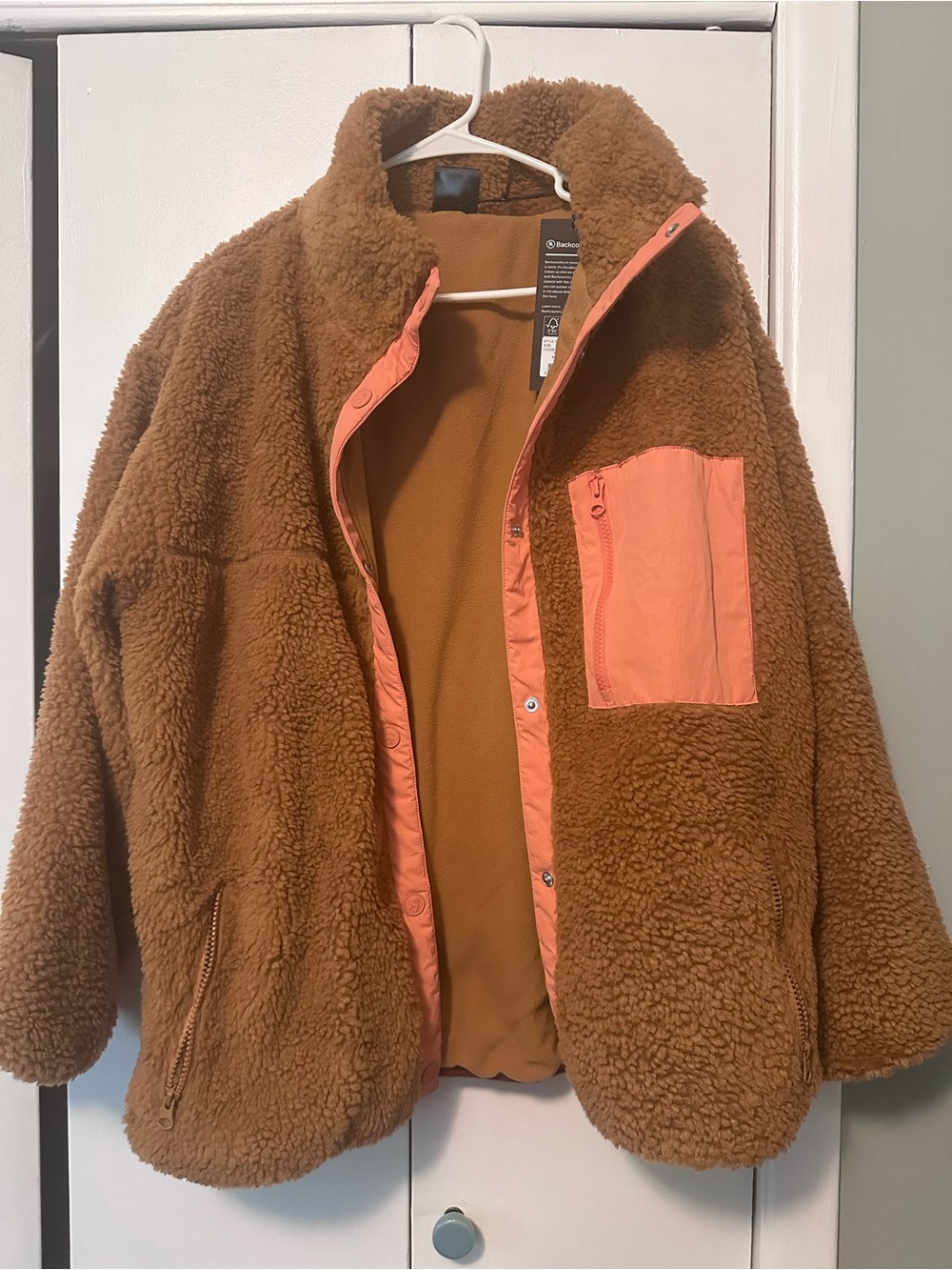 Plush Teddy Puffer Jacket in Brown with Orange/ Coral Trim